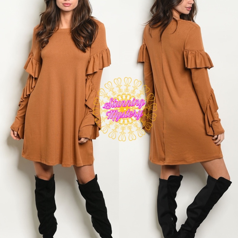 ♦️Kayla Wavy Long Sleeve Mustard Dress - Picture 4 of 6